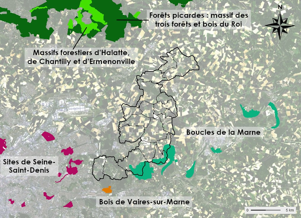 Carte des zones Natura 2000 du territoire de Plaines et Monts de France ou à proximité